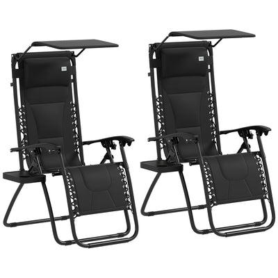 Outsunny Zero Gravity Lounger Chair Set of 2, Folding Reclining Patio Chair with Shade Cover, Padded Seat, Cup Holder, Soft Cushion and Headrest for Poolside, Camping, Black 