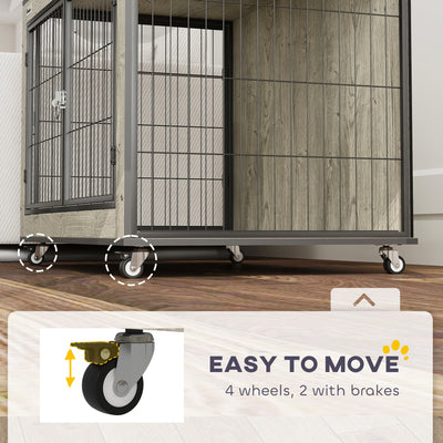 PawHut Dog Crate Furniture with Wheels, Double Doors, for Medium Dogs, 80 x 56 x 62.5cm, Grey 