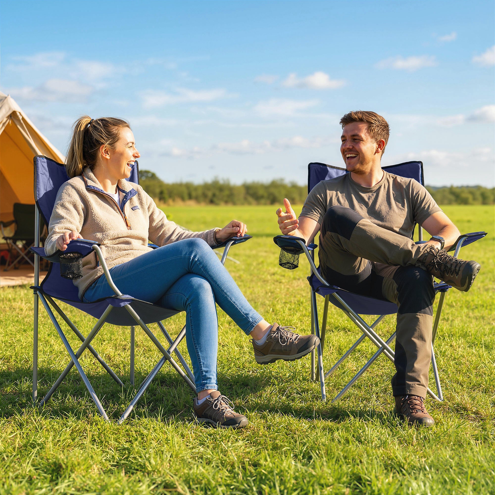 Outsunny Camping Chair Set of 2 Portable Folding Outdoor Camp Chair with Cup Holders and Carry Bag Dark Blue 