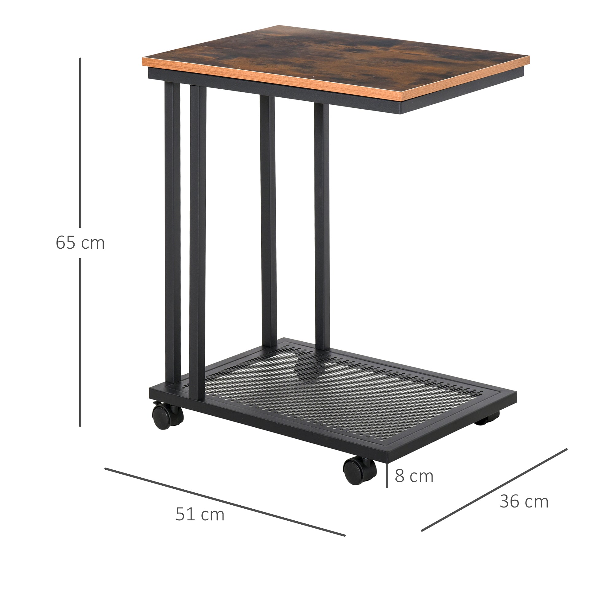 HOMCOM C Shaped Side Table with Wheels, Mobile End Table, Laptop Stand with Metal Frame and Storage Shelf, Rustic Brown 