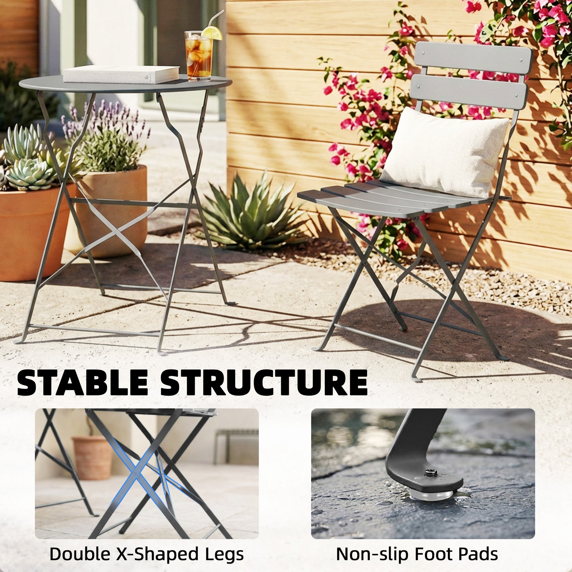 Outsunny Folding Garden Bistro Set, Outdoor Round Bistro Table and Chairs Set 2 with Electrophoresis Metal Frame, Grey 