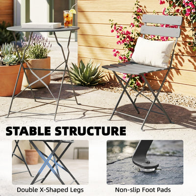 Outsunny Folding Garden Bistro Set, Outdoor Round Bistro Table and Chairs Set 2 with Electrophoresis Metal Frame, Grey 