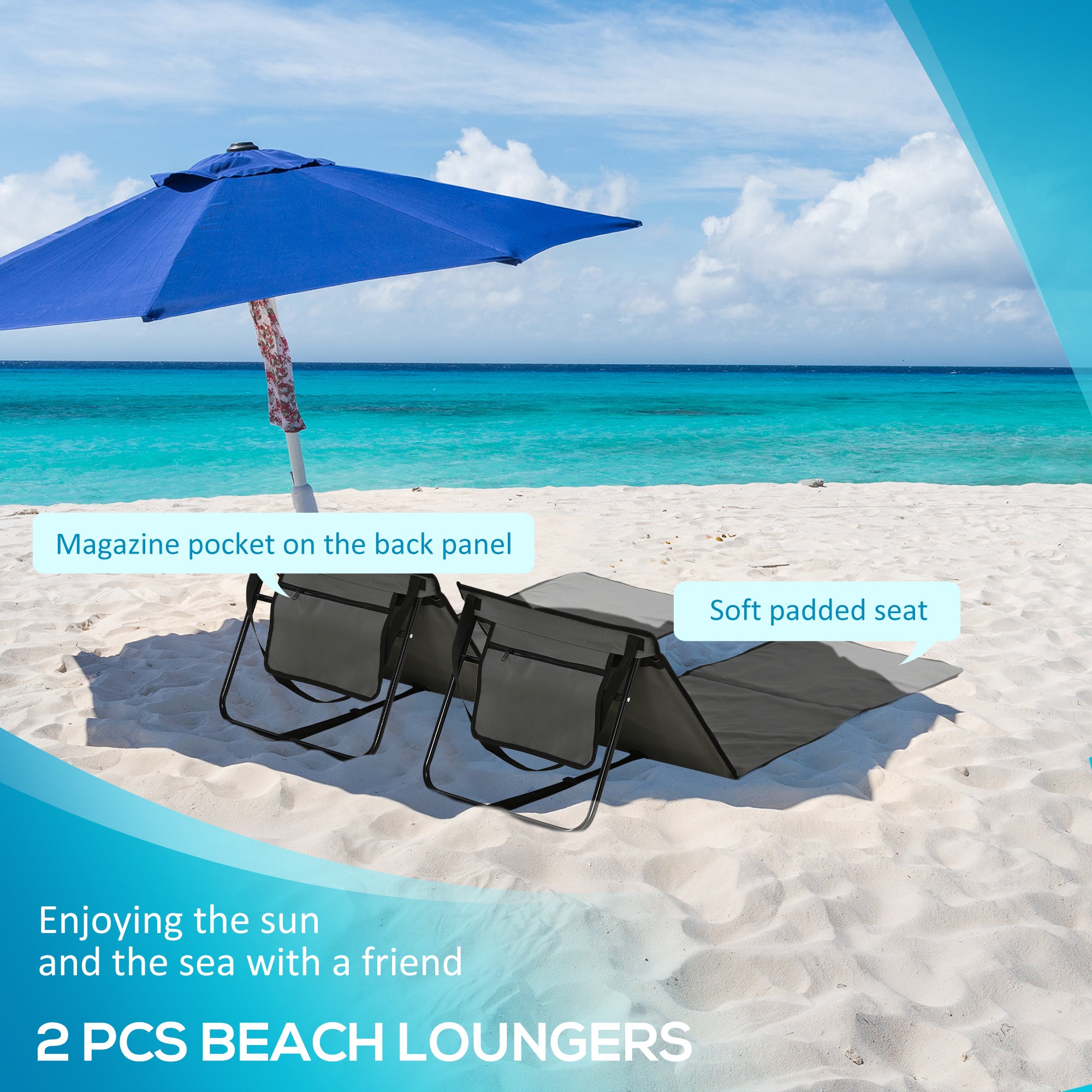 Outsunny Set of 2 Foldable Garden Beach Chair Mat, Outdoor Sun Lounger Seats with Adjustable Back, Magazine Pocket, Carry Bag 