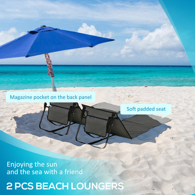 Outsunny Set of 2 Foldable Garden Beach Chair Mat, Outdoor Sun Lounger Seats with Adjustable Back, Magazine Pocket, Carry Bag 