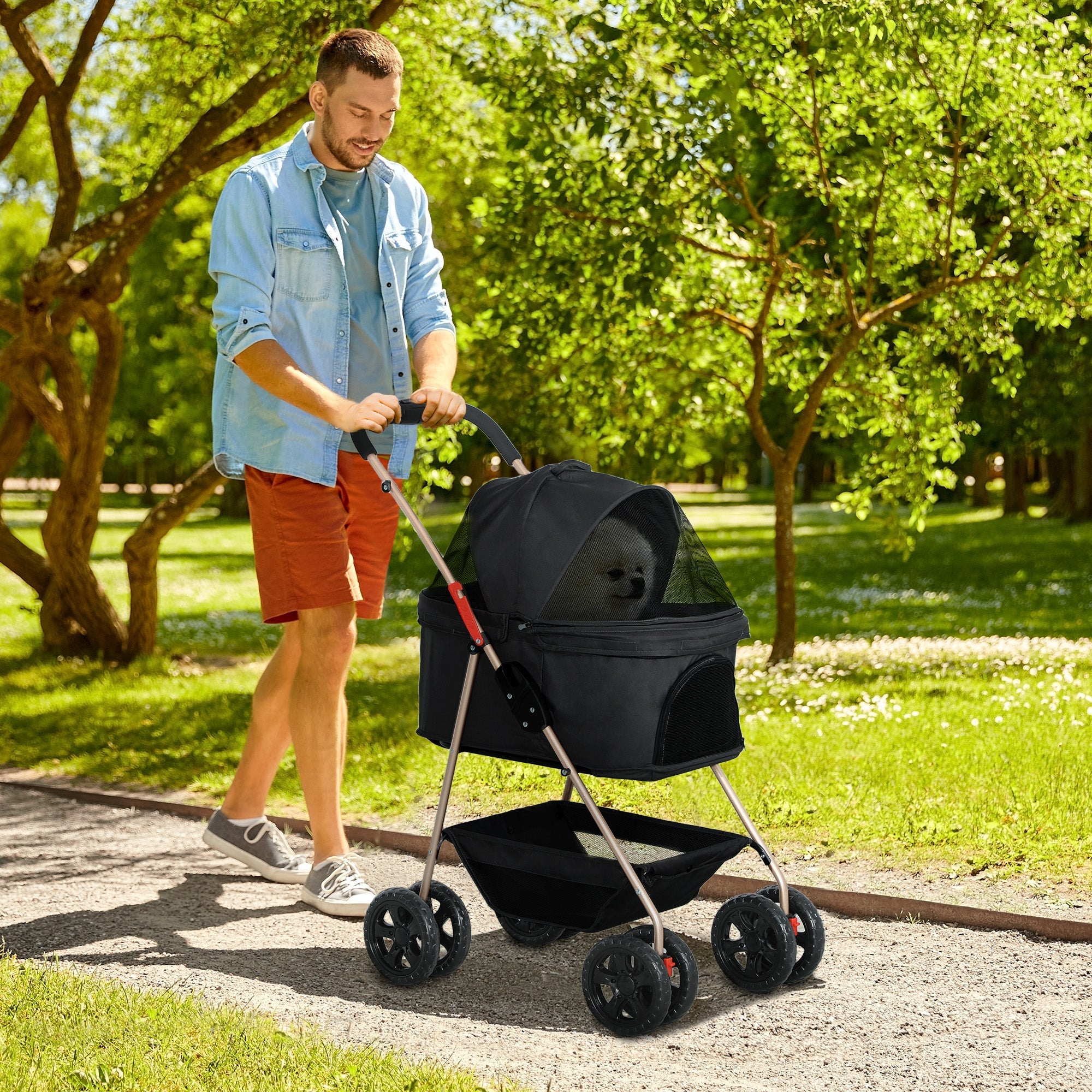 PawHut 3 in 1 Pet Stroller, Folding 4 Wheels Dog Pram with Detachable Carrier for Mini Dogs Cats, Black 