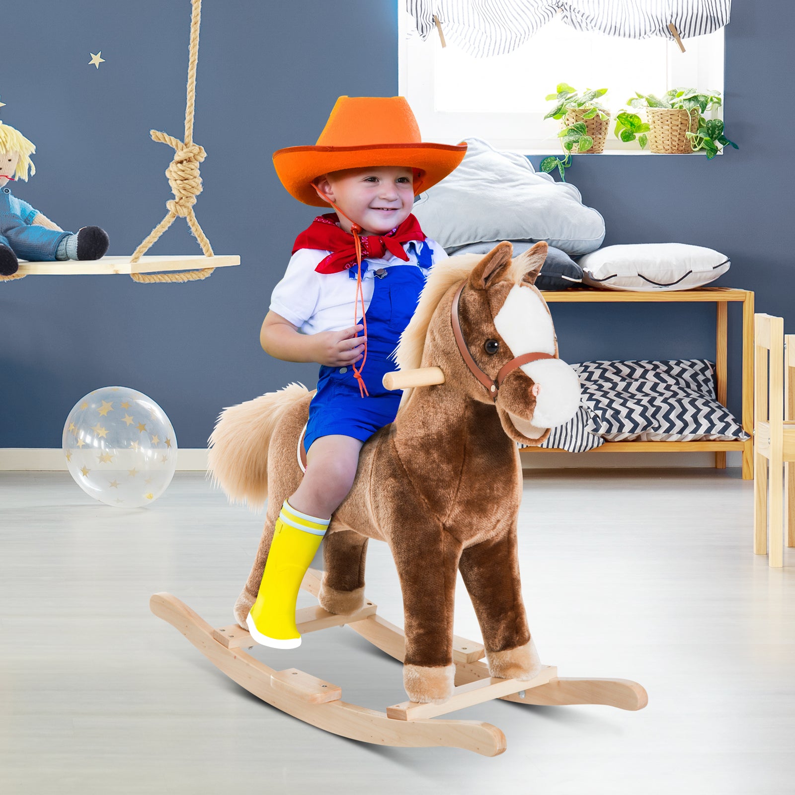 HOMCOM Kids Children Plush Rocking Horse Wooden Base Ride On Toy Rocker with Handle Grip Traditional Toy Fun Gift for Age 3+ (Brown) 