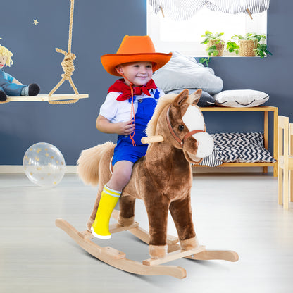 HOMCOM Kids Children Plush Rocking Horse Wooden Base Ride On Toy Rocker with Handle Grip Traditional Toy Fun Gift for Age 3+ (Brown) 