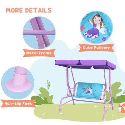 Outsunny Two Seater Kids Garden Swing, Fairy Themed kids Swing Chair with Adjustable Canopy, Safety Belts for Outdoor Use 