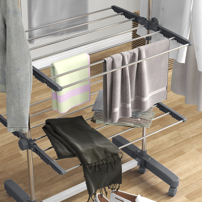 HOMCOM Four-Shelf Collapsing Clothes Horse, With Side Arms and Wheels - Grey 