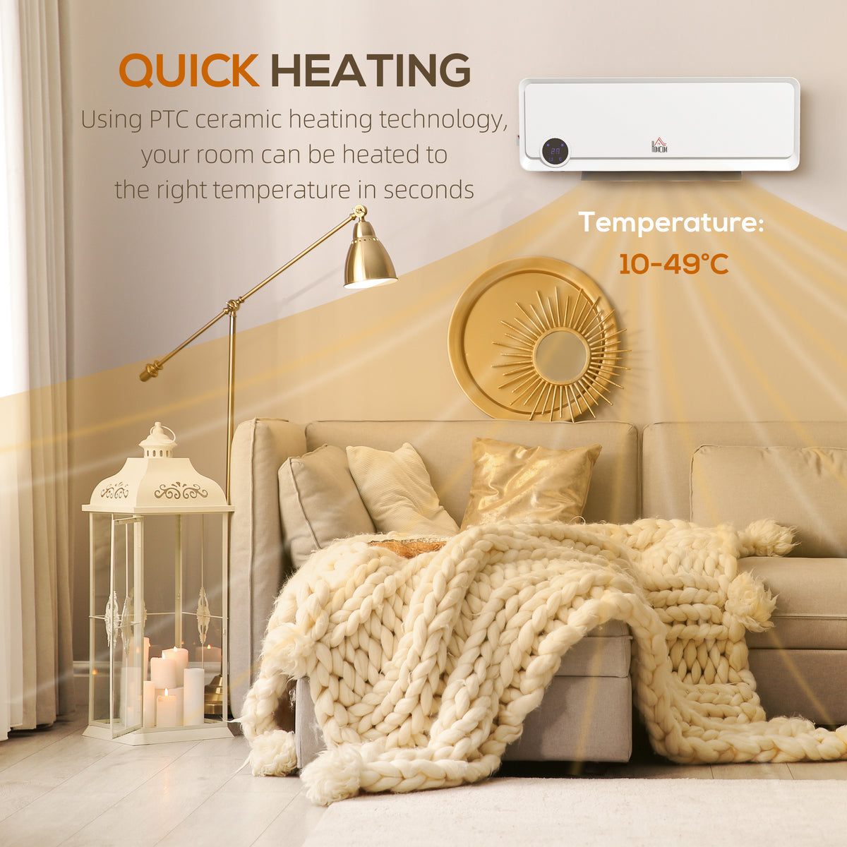 HOMCOM Wall Downflow Heater 2 Heat and Fan 1000W/2000W, Electric Space Heater with Timer Remote Oscillating, for Bedroom Home Office, White 