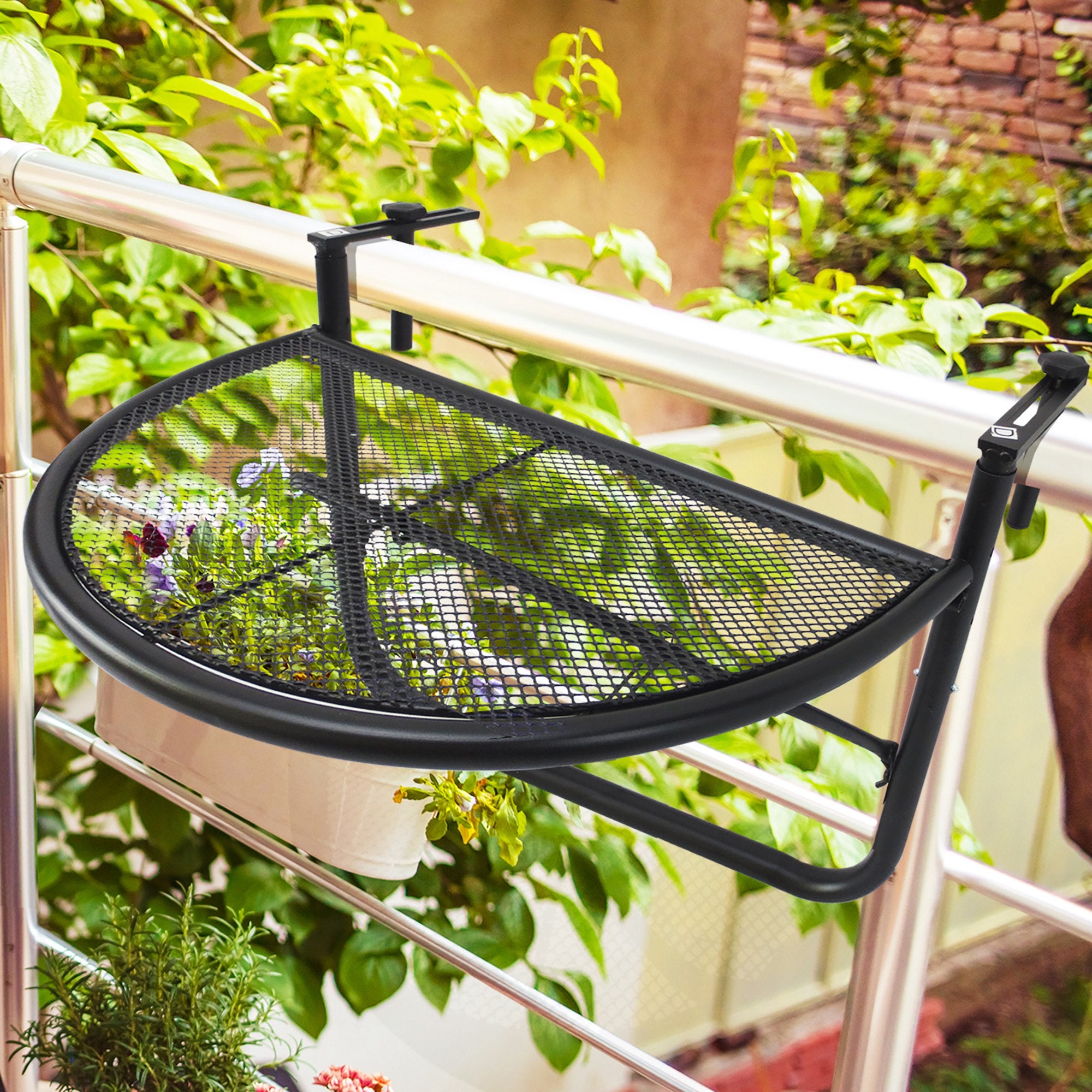 Outsunny Semi-Circular Attachable Balcony Hanging Coffee Table Adjustable Side Metal Table 