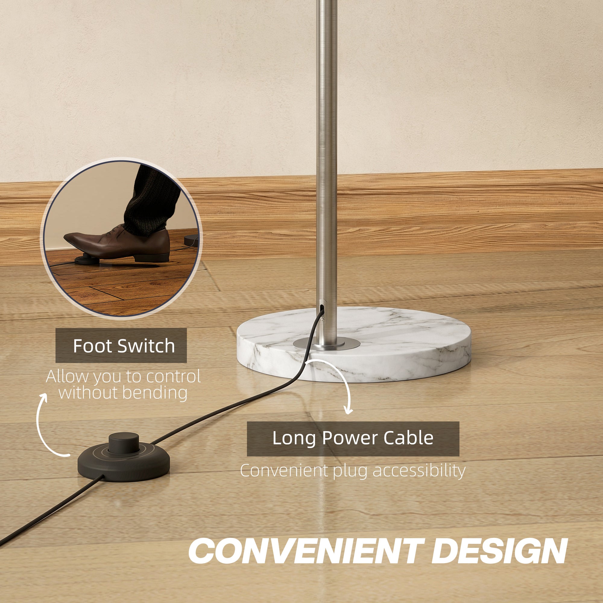 HOMCOM Arc Floor Lamp for Living Room, Modern Adjustable Standing Lamp with Faux Black Marble Base Silver Tone 