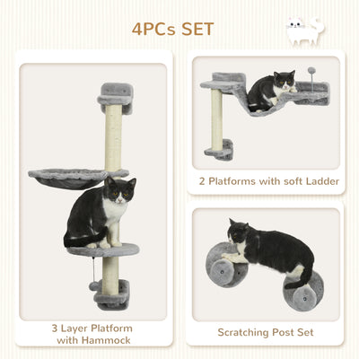 PawHut Four-Piece Cat Wall Furniture with Hammock, Perches, Ladder, Scratching Post, Grey 