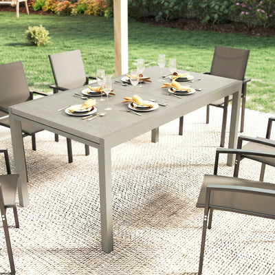 Outsunny Extending Garden Table, Aluminium Outdoor Dining Table for 8-10 with Wood-Like Grained Surface, Light Grey Wood Effect 