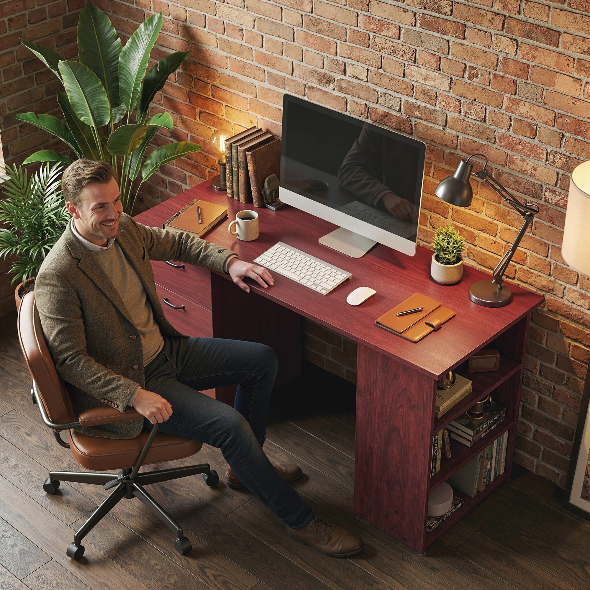HOMCOM Computer Desk, Writing Table, PC Workstation with 3 Storage Shelves and Drawers, Handle, for Home Office, Walnut Brown 