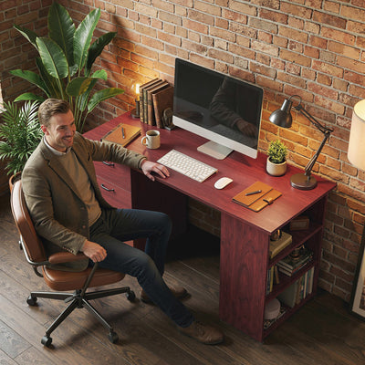 HOMCOM Computer Desk, Writing Table, PC Workstation with 3 Storage Shelves and Drawers, Handle, for Home Office, Walnut Brown 