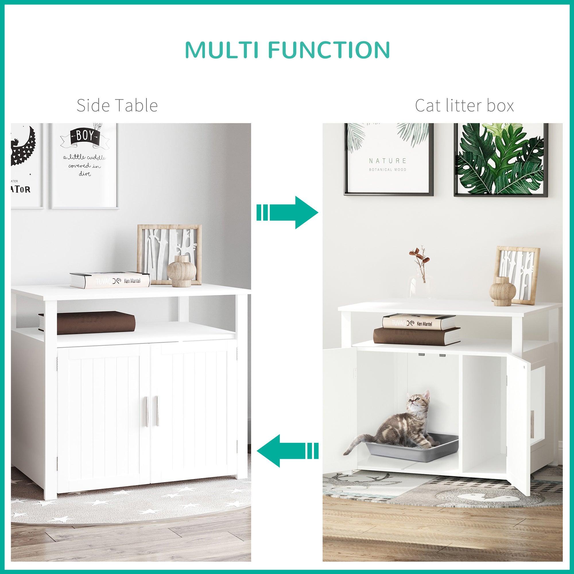 PawHut Wooden Cat Litter Box Enclosure Furniture with Adjustable Interior Wall & Large Tabletop for Nightstand, White 