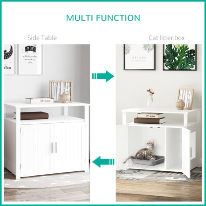 PawHut Wooden Cat Litter Box Enclosure Furniture with Adjustable Interior Wall & Large Tabletop for Nightstand, White 
