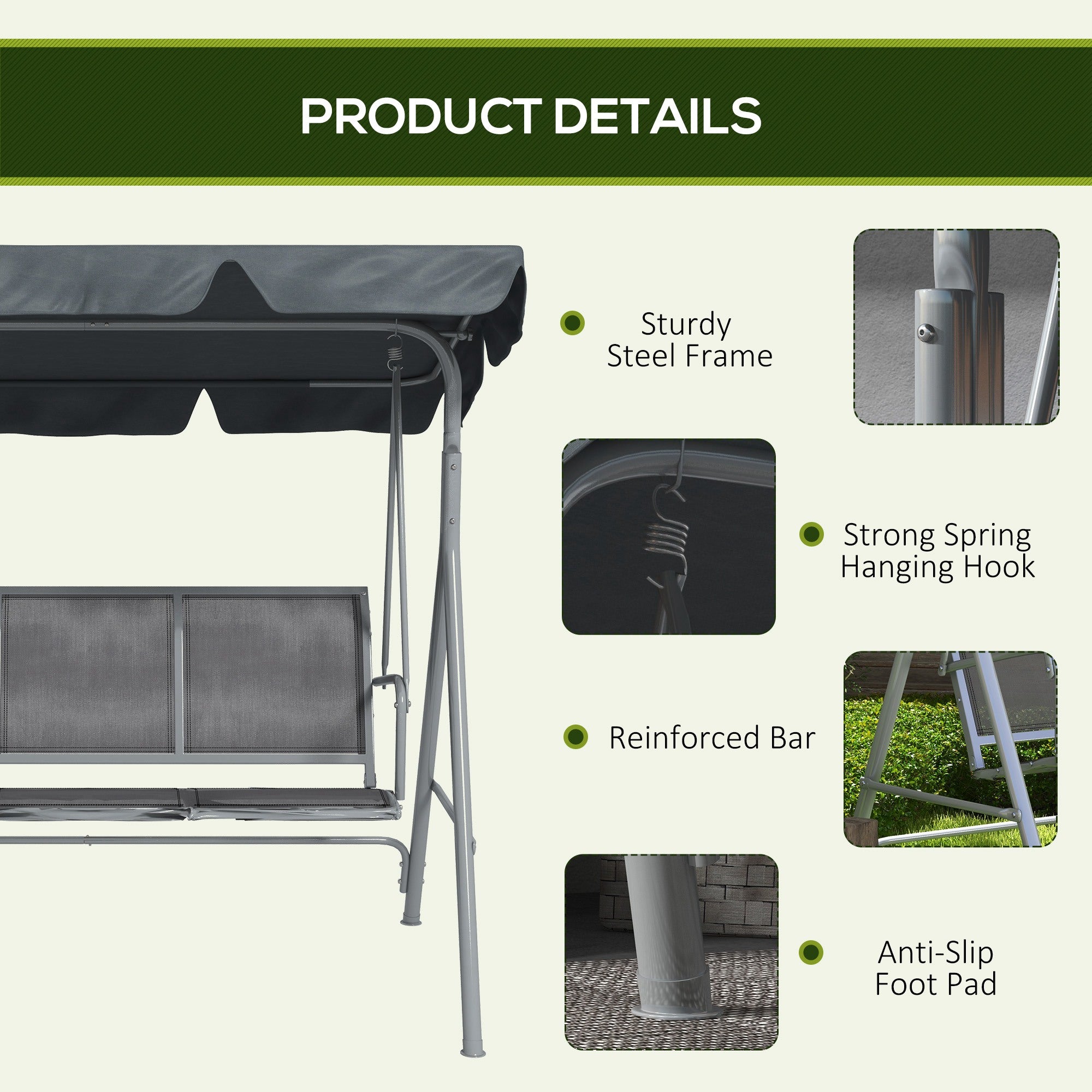 Outsunny 3 Seater Swing Chair, Garden Swing Bench with Adjustable Tilting Canopy, Breathable Mesh Seat and Heavy Duty Metal Frame for Patio, Garden, Dark Grey 