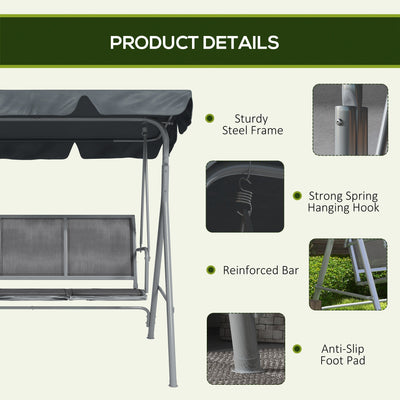 Outsunny 3 Seater Swing Chair, Garden Swing Bench with Adjustable Tilting Canopy, Breathable Mesh Seat and Heavy Duty Metal Frame for Patio, Garden, Dark Grey 