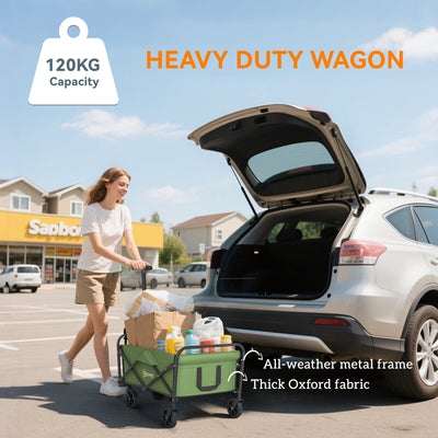 Outsunny 62L Festival Trolley on Wheels, Garden Folding Trolley Cart, 120kg Heavy Duty Collapsible Folding Wagon with Adjustable Handle and Carrying Bag for Beach, Camping, Festival, Green 