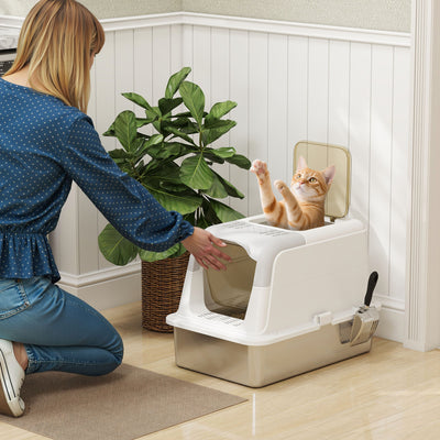 PawHut Extra Large Stainless Steel Litter Box, Enclosed Cat Litter Tray with Scoop, Deodorizer Bag, Front-Entry and Top-Exit 