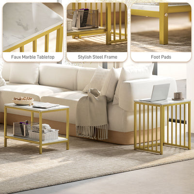 HOMCOM Modern Coffee Table Set of Two, Marble-Effect Nesting Side Tables with Steel Frame for Living Room, Gold Tone 