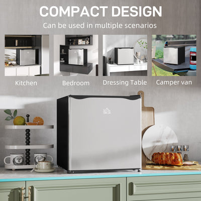 HOMCOM 46 Litre Table Top Mini Fridge, Small Fridge with Ice Box, Reversible Door, Adjustable Temperature and Legs for Bedrooms, Home Office, Silver Tone 