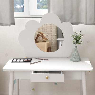 AIYAPLAY Kids Dressing Table with Mirror, Stool, Drawer, Cloud Design, White 