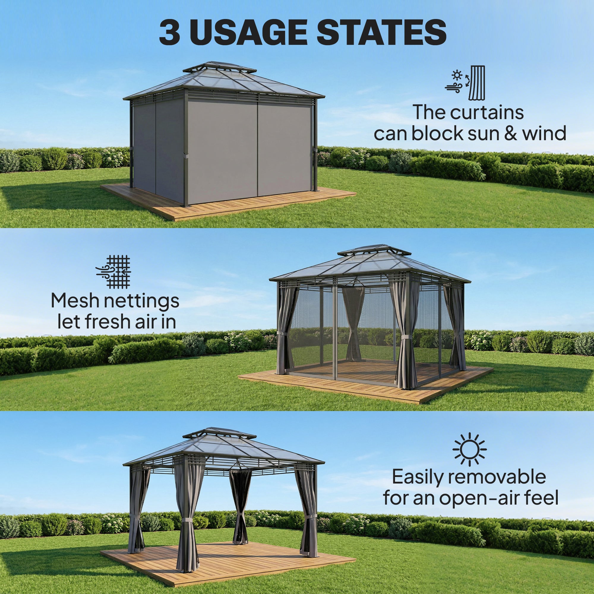 Outsunny 3 x 3.6 m Outdoor Hardtop Gazebo Canopy with 2-Tier Roof, Permanent Pavilion Garden Metal Gazebo with Sides, Dark Grey 