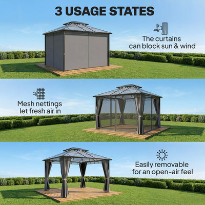 Outsunny 3 x 3.6 m Outdoor Hardtop Gazebo Canopy with 2-Tier Roof, Permanent Pavilion Garden Metal Gazebo with Sides, Dark Grey 