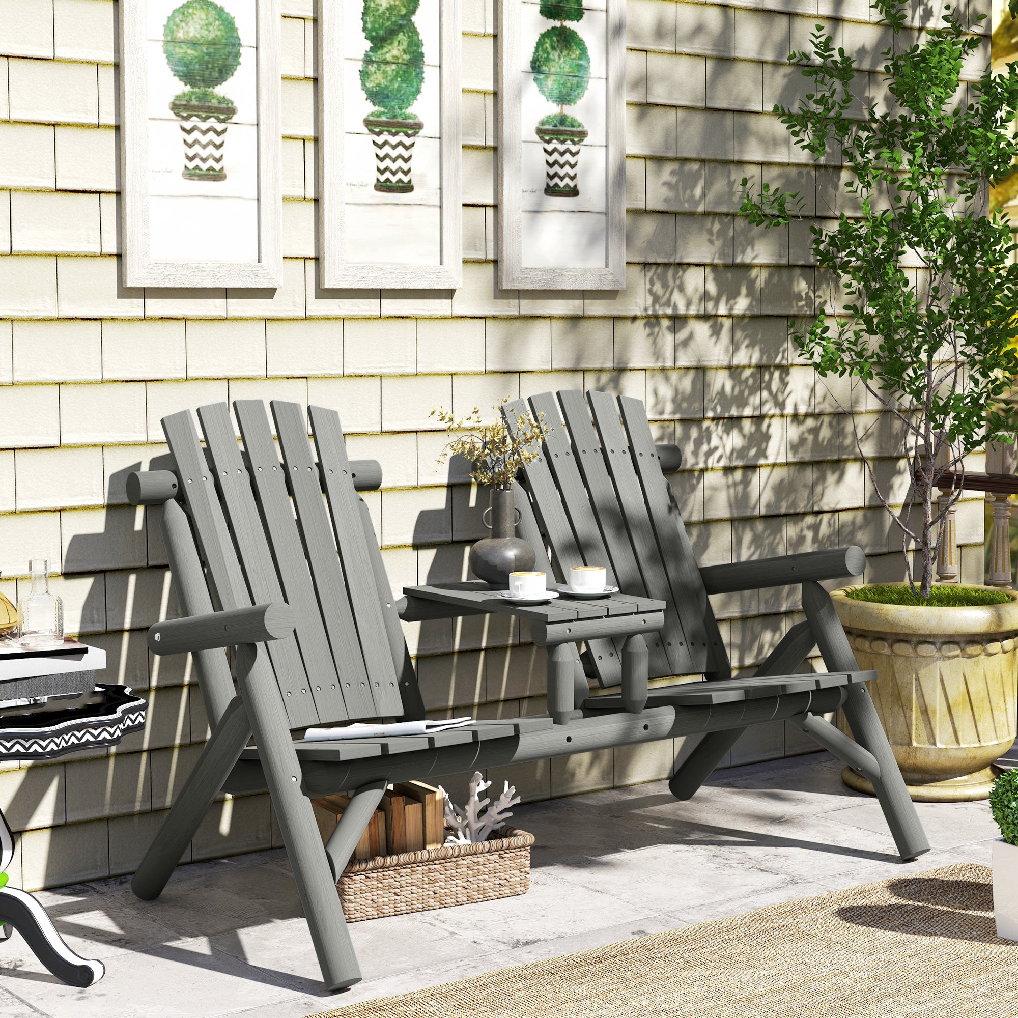 Outsunny Wood Patio Chair Bench 2 Seats w/ Centre Coffee Table, Garden Bench, Grey 