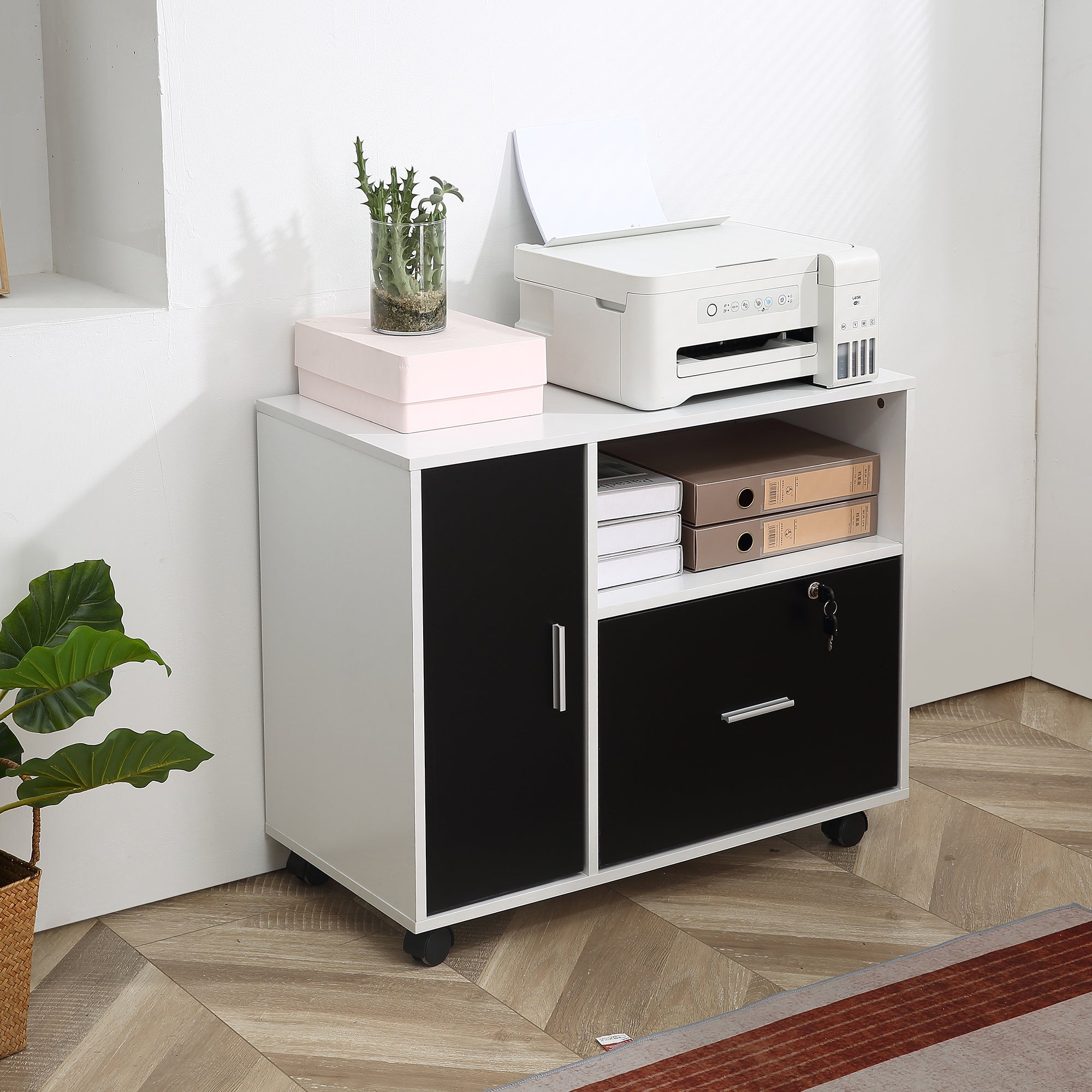 HOMCOM Multi-Compartment Office Storage Cabinet, with File Hangers - Black/White 