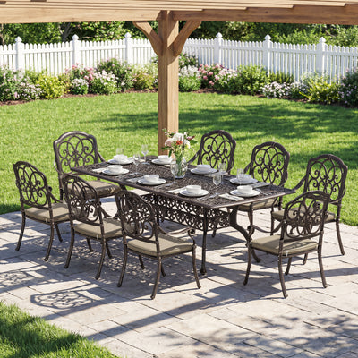 Outsunny 9 Piece Cast Aluminium Garden Dining Set, Garden Table and Chairs Set with Cushions, Parasol Hole for Patio, Bronze Tone 