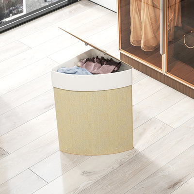 HOMCOM Bamboo Laundry Basket with Lid, 55L Corner Laundry Hamper with Removable Washable Liner Bag, Bathroom Triangle Washing Basket, 35 x 35 x 60 cm, Nature Wood Finish 