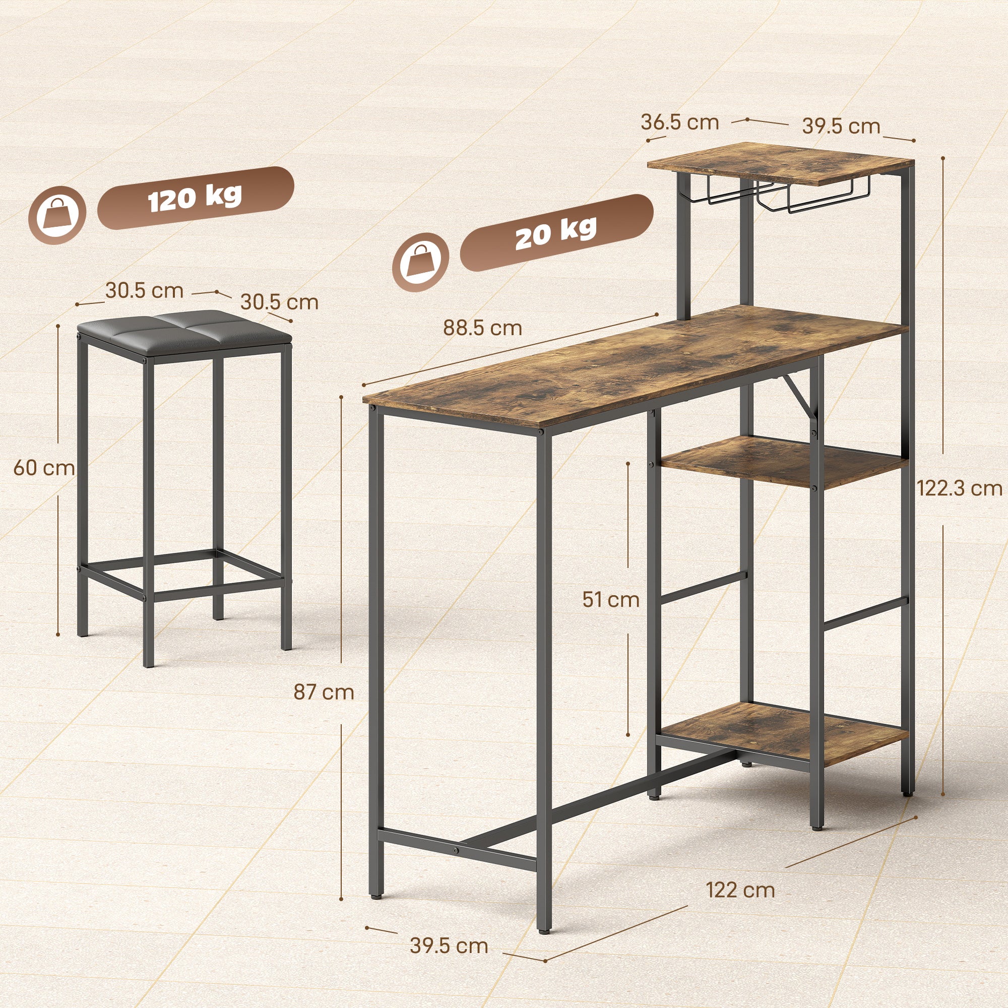 HOMCOM 3 Piece Breakfast Bar Table and Stools Set, Rustic Brown 