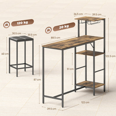 HOMCOM 3 Piece Breakfast Bar Table and Stools Set, Rustic Brown 
