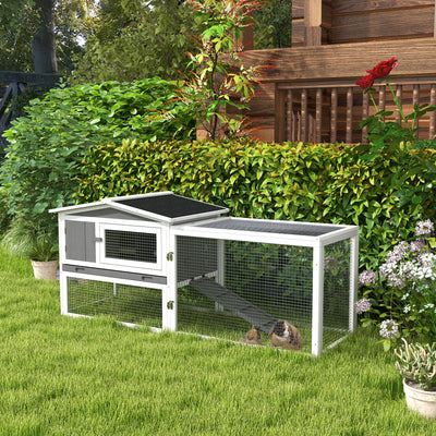 PawHut Rabbit Hutch with Run Wooden Guinea Pig Hutch Outdoor Bunny Cage Hide House with Sliding Tray, Hay Rack, Ramp, 156 x 58 x 68cm, Grey 