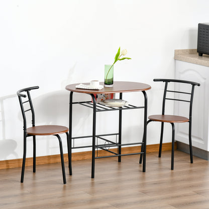 HOMCOM 3-Piece Dining Table Set , Metal Frame Wood Top Breakfast Bar Table Set for 2, Dining Table w/Storage Shelf & 2 chairs 