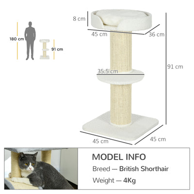 PawHut 2 Tier Sisal Sherpa Cat Tree with Basket Cushion Sisal Post Cream White 