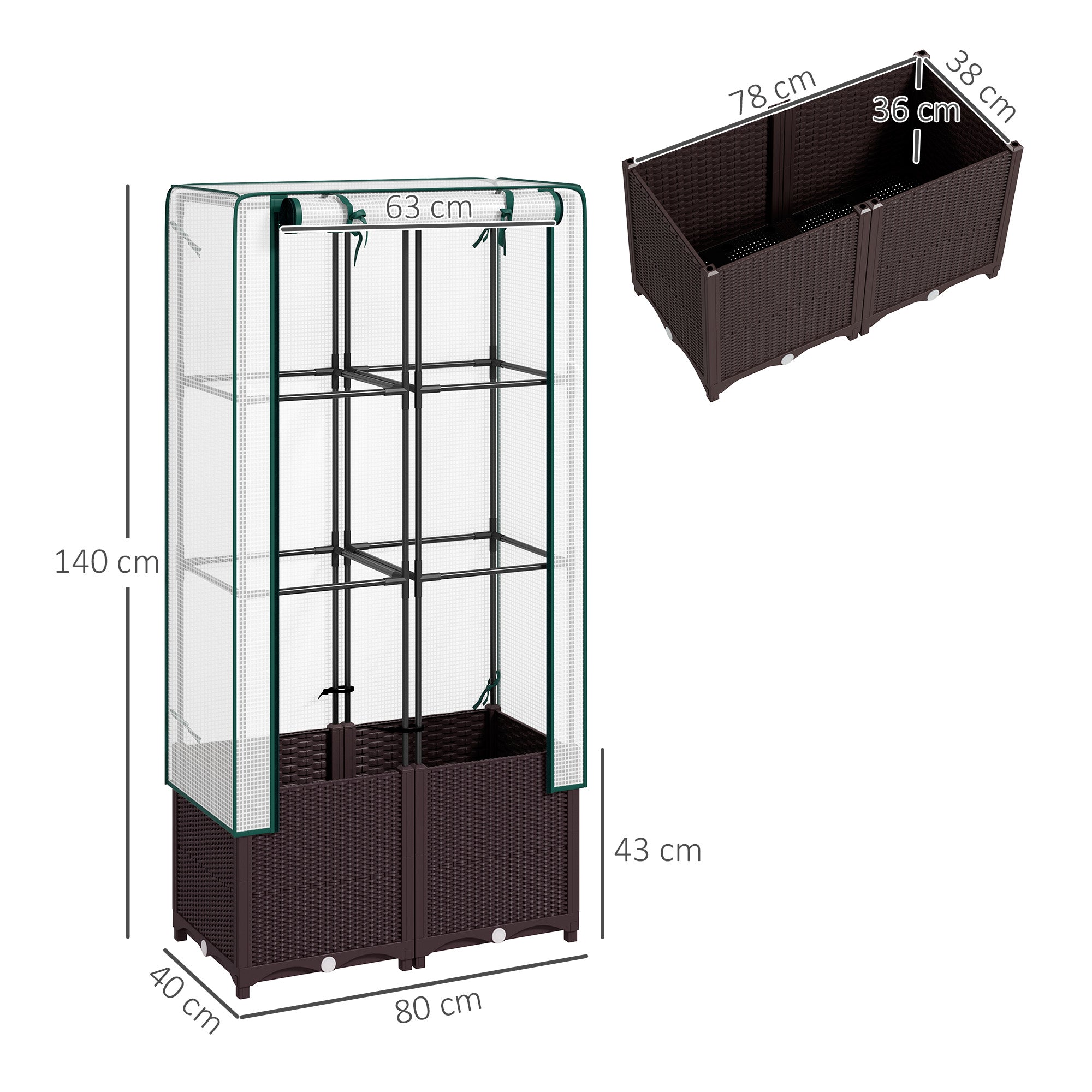 Outsunny Raised Garden Bed with Trellis, Plastic Planter Box with Drainage Holes and Drain Plugs for Climbing Plants, Vegetables, Flowers, 80 x 40 x 140 cm