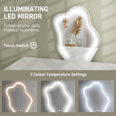 HOMCOM LED Lighted Dressing Table with Leaf Shape Mirror, Modern Vanity Desk with 5 Drawers, Makeup Desk with Fluted Panels, White 