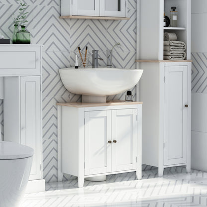 kleankin Bathroom Sink Cabinet, Bathroom Floor Storage Cabinet with 2 Doors Pedestal Under Sink Design, Space Saver Organizer Freestanding with Internal Adjustable Shelf, White 