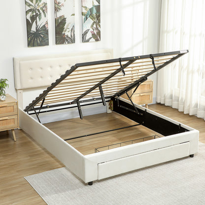 HOMCOM King Size Ottoman Bed Frame, with Front Drawer - Cream
