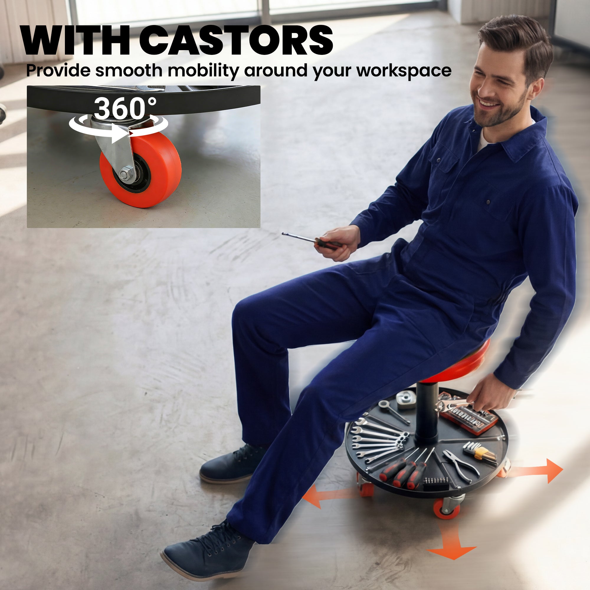 HOMCOM Rolling Mechanical Stool, Pneumatic Adjustable Workshop Stool with Tool Tray, Wheels - Orange 