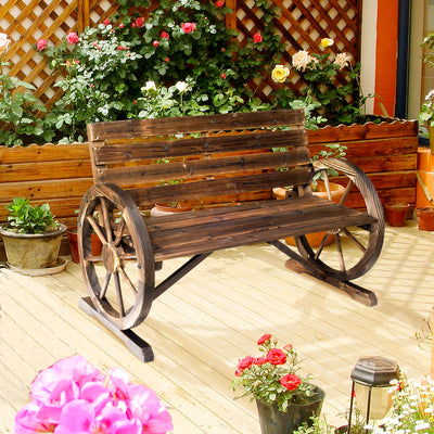 Outsunny 2 Seater Garden Bench with Wooden Cart Wagon Wheel Rustic High Back Brown 