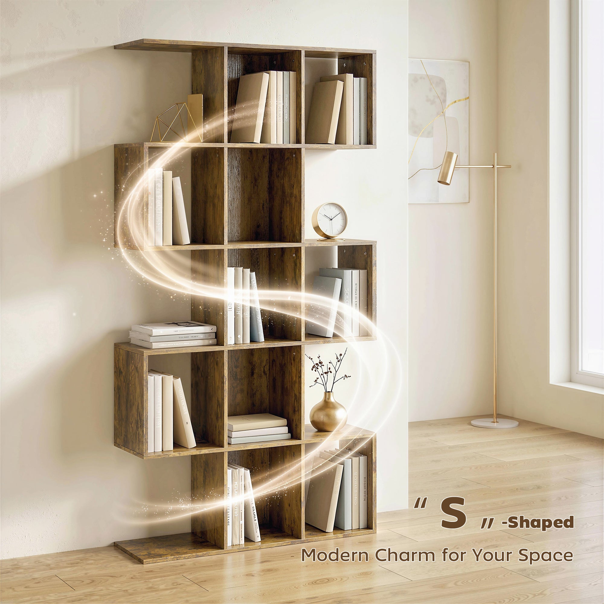 HOMCOM 5-Tier Bookshelf, S Shaped Geometric Bookcase with 15 Compartments, Rustic Brown 