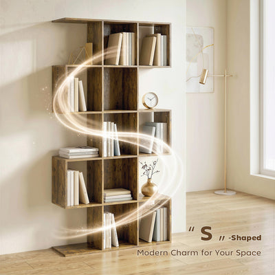 HOMCOM 5-Tier Bookshelf, S Shaped Geometric Bookcase with 15 Compartments, Rustic Brown 