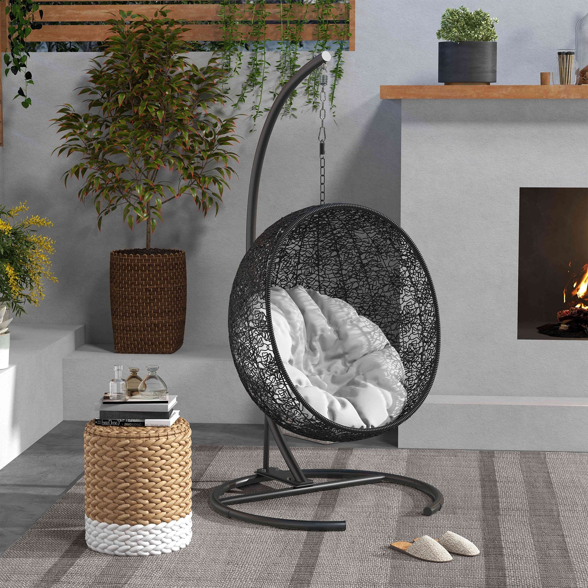 Outsunny Hanging Hammock Chair Stand with Round Base, C Hanging Swing Stand Frame for Swing/Egg/Hammock Chair, Indoor & Outdoor, Heavy Duty 330 lbs, Black 