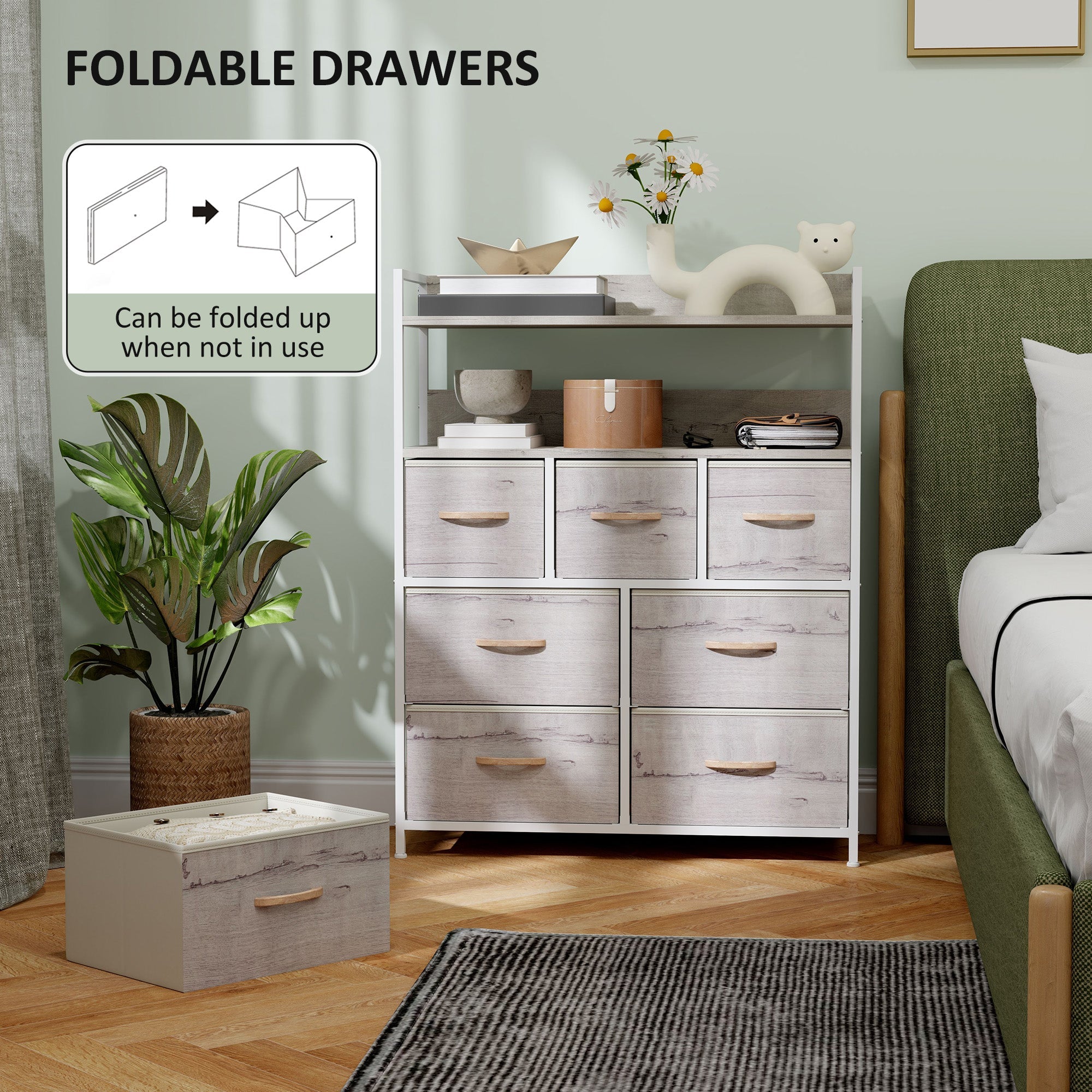 HOMCOM Rustic Chest of Seven Fabric Drawers - Natural Wood Finish 
